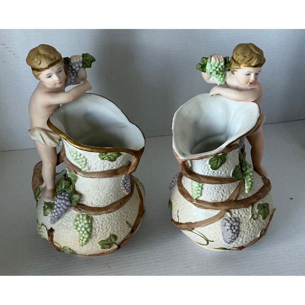 Vintage Cherub Pitcher Set Grape Vine Ceramic Vases Cream 7in Classic